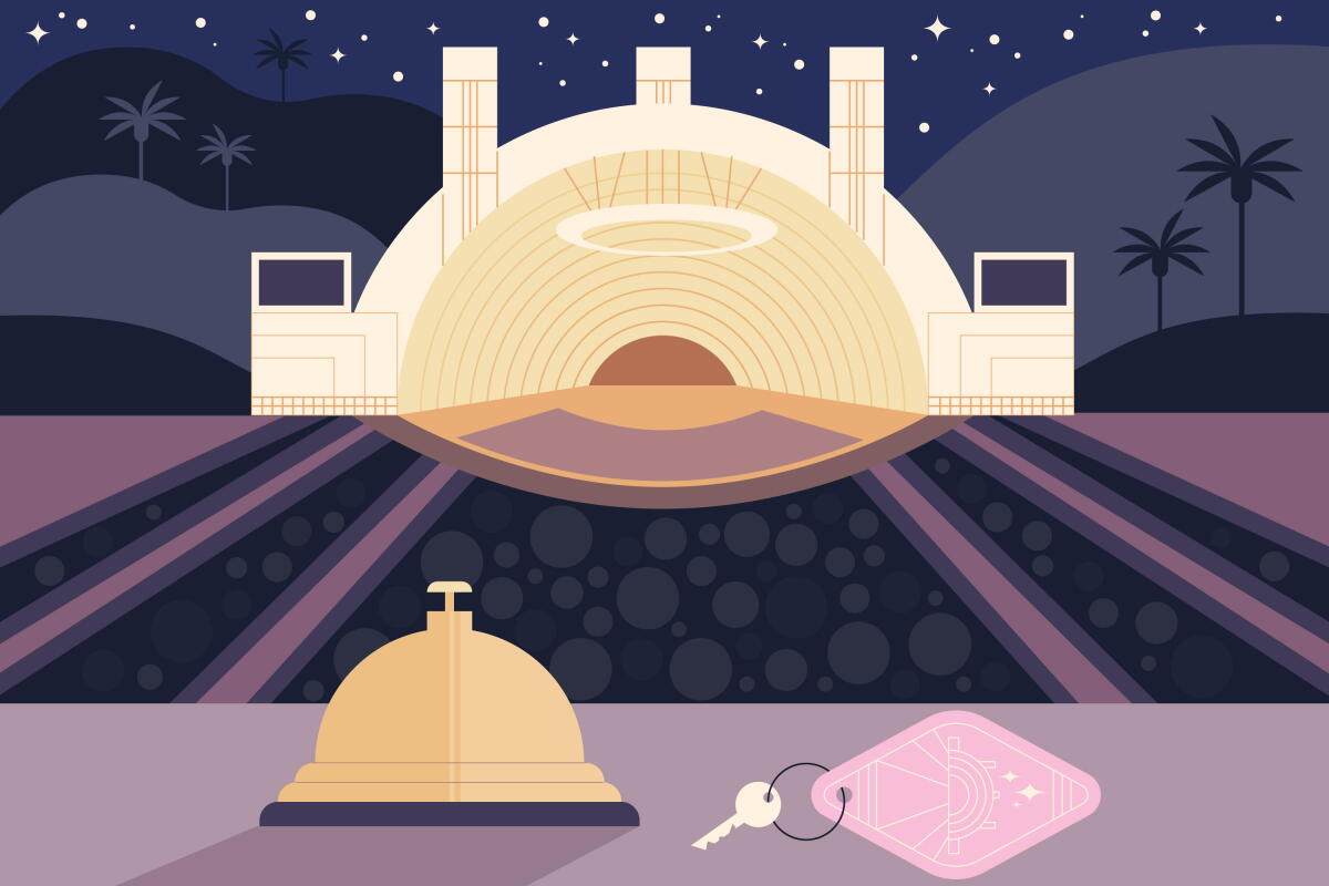 A bell and a hotel key in the foreground with the Hollywood Bowl and a starry night sky in the background.