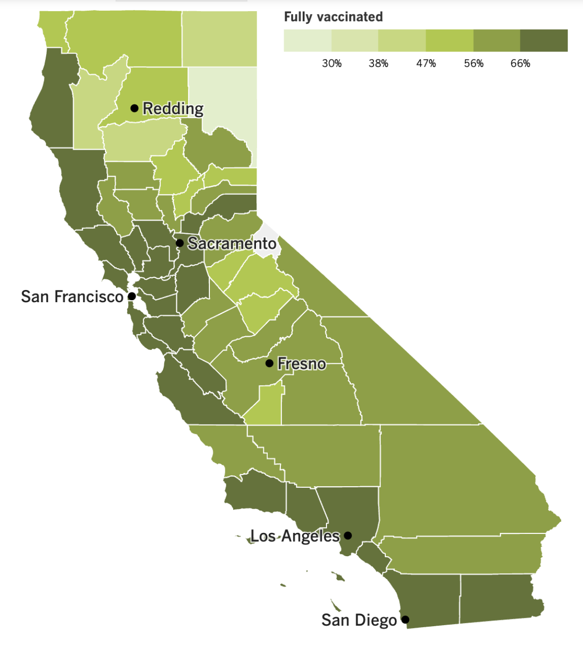 A map showing California's COVID-19 vaccination progress by county as of March 14, 2023.