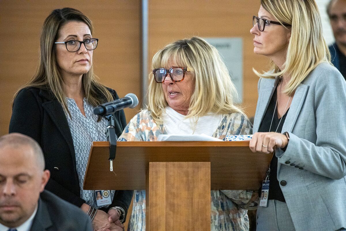 Susan Blake, center, mother of Joseph McStay, addresses court prior to the sentencing of Charles “Chase” Merritt.