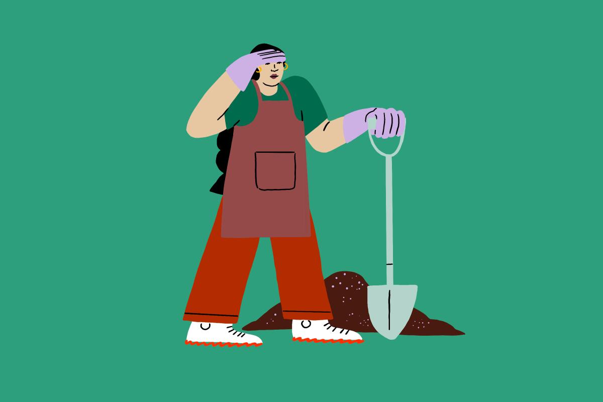 Illustration of a woman standing by a pile of soil.