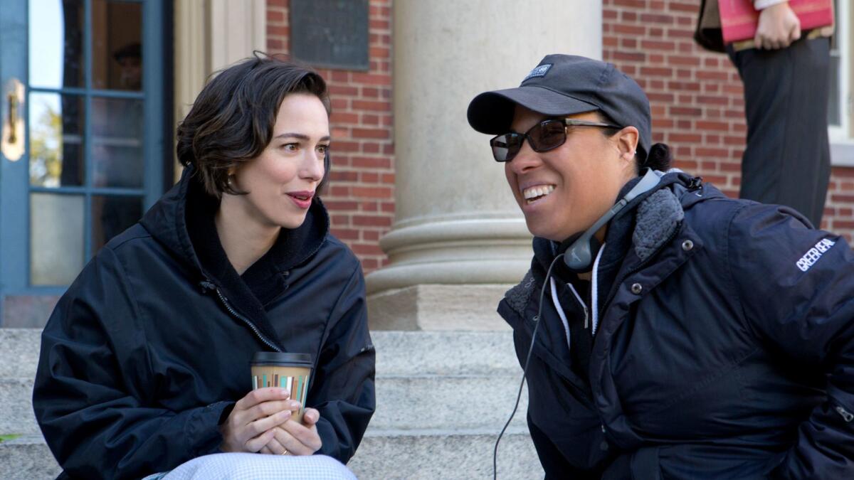 Actor Rebecca Hall and director Angela Robinson on the set of "Professor Marston and the Wonder Women."