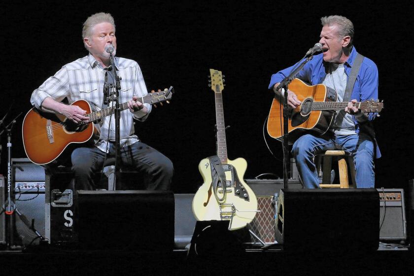 Don Henley, left, and Glenn Frey of the Eagles perform in Perth, Australia, on Feb. 18, 2015.