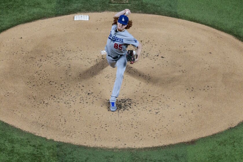 Arlington, Texas, Friday, October 16, 2020. Los Angeles Dodgers starting pitcher Dustin May.