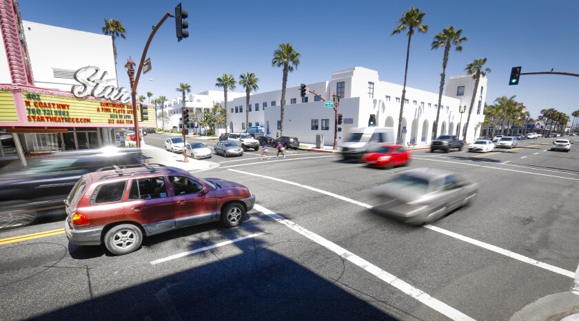 Traffic at the intersection of Coast Highway and Civic Center Drive in downtown Oceanside.