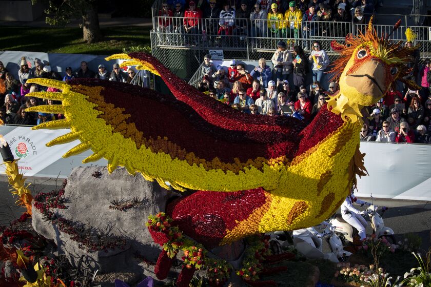 PASADENA, CA JANUARY 1, 2020: The City of Burbank float “Rise Up” during the 2020 Rose Parade in Pasadena, Calif. January 1, 2020. This year’s theme, “The Power of Hope,” celebrates the influence of hope. (Francine Orr/ Los Angeles Times)