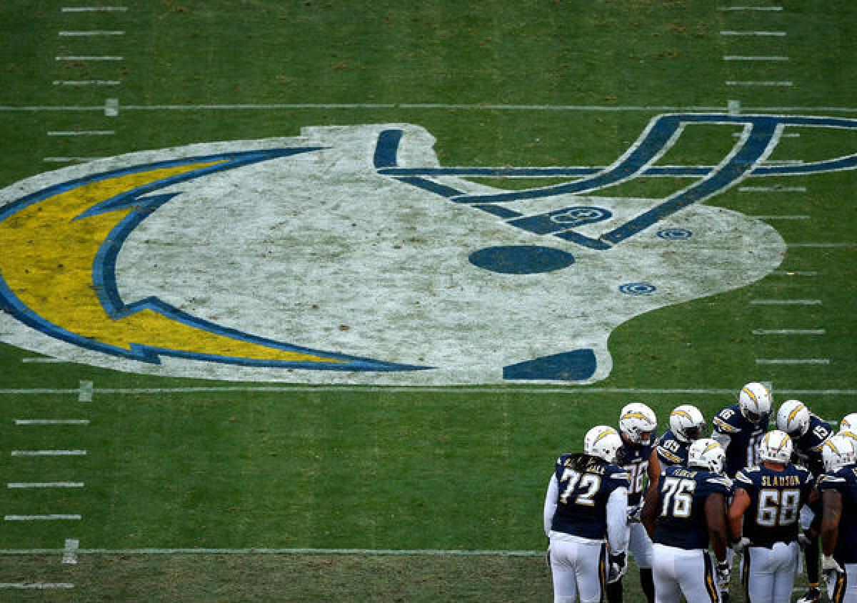 The Chargers offense in huddle against the Kansas City Chiefs during the first half of a game on Jan. 1.