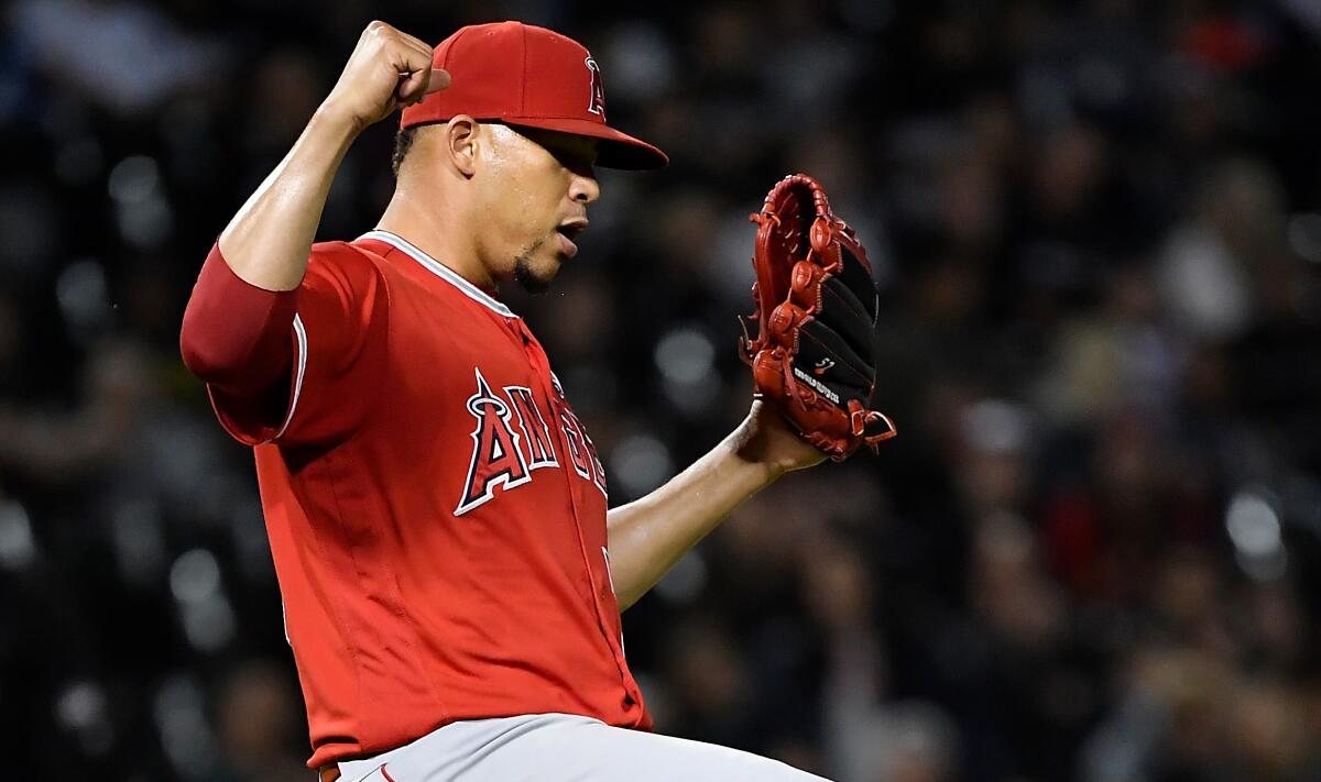 Angels reliever Hansel Robles reacts after a 5-4 victory over the Chicago White Sox on Sept. 6.