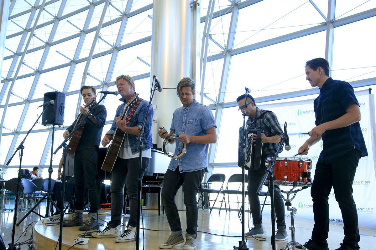 Local rock band Switchfoot, pictured here performing at the San Diego International Airport, received the most nominations for the 2020 San Diego Music Awards.