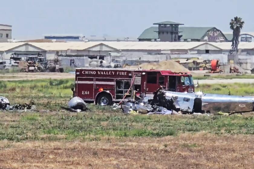 LOCATION: Chino Airport AREA/CITY: Chino DETAILS: Two people have been confirmed dead after multiple reports of a downed air craft were reported at Chino Airport. At around 1PM first responders received multiple reports of an air craft that had crashed and was on fire. When firefighters arrived on scene, they found older style air craft with a detached engine on fire. While working on the fire, firefighters searched the plane and confirmed that both of the occupants of the plane were confirmed to be deceased. Fire and Law Enforcement remain on scene and are investigating the incident.