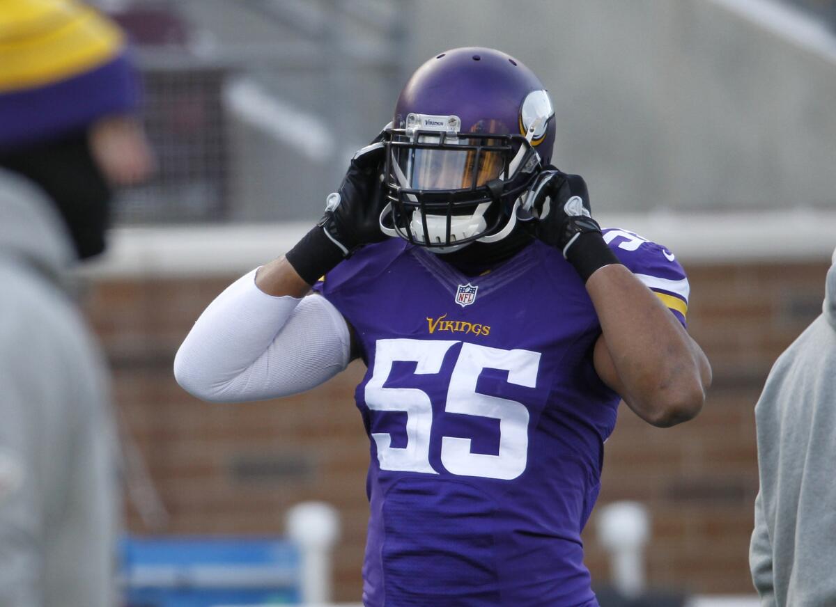 Minnesota Vikings outside linebacker Anthony Barr walks on the field before an NFL football game against the Carolina Panthers on Nov. 30.