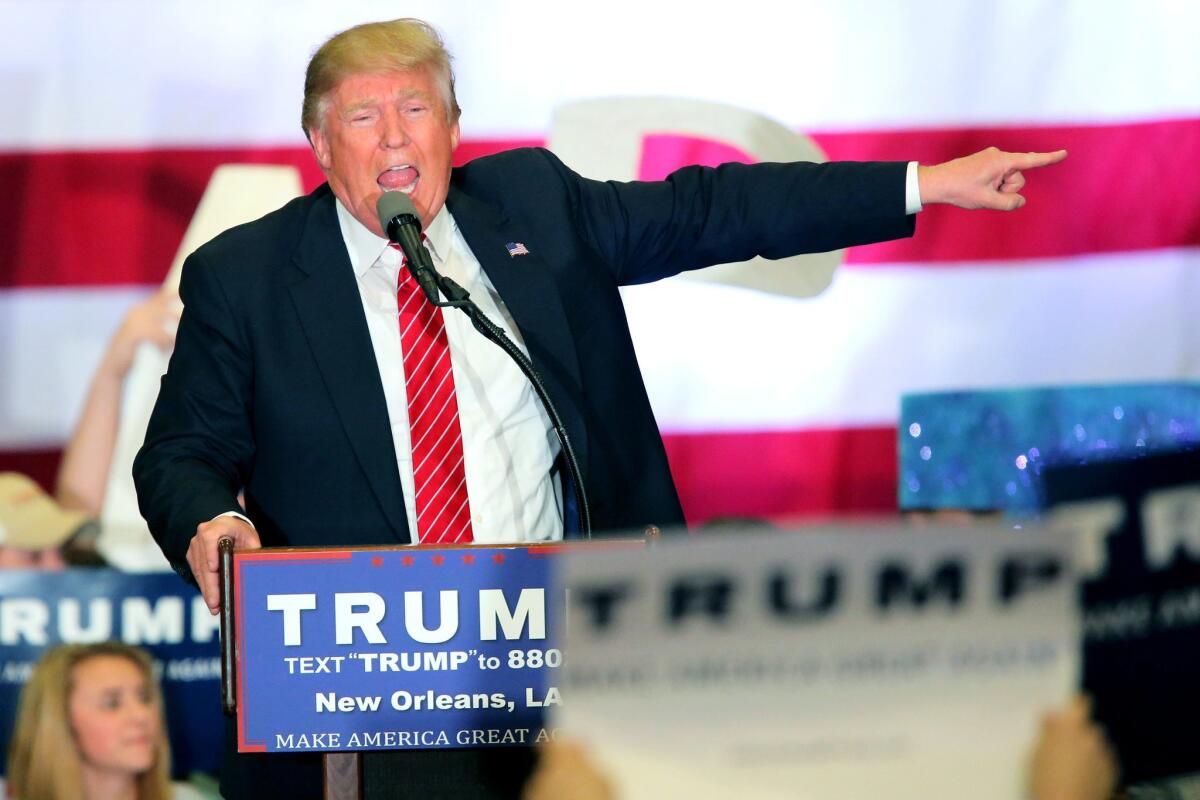 Donald Trump gestures as he speaks to supporters during a rally at Lakefront Airport in New Orleans on March 4.