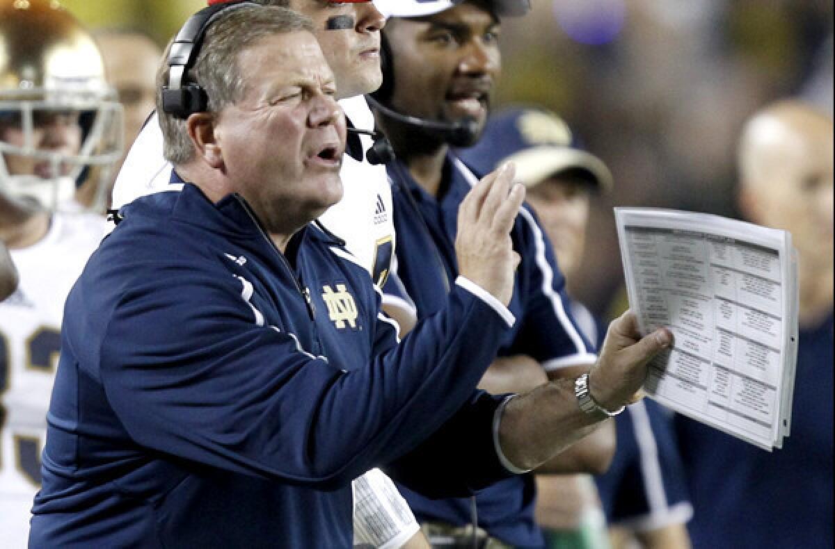Notre Dame Coach Brian Kelly and his offensive unit will need to find a way to move the ball against a solid Michigan State defense when the teams meet on Saturday.