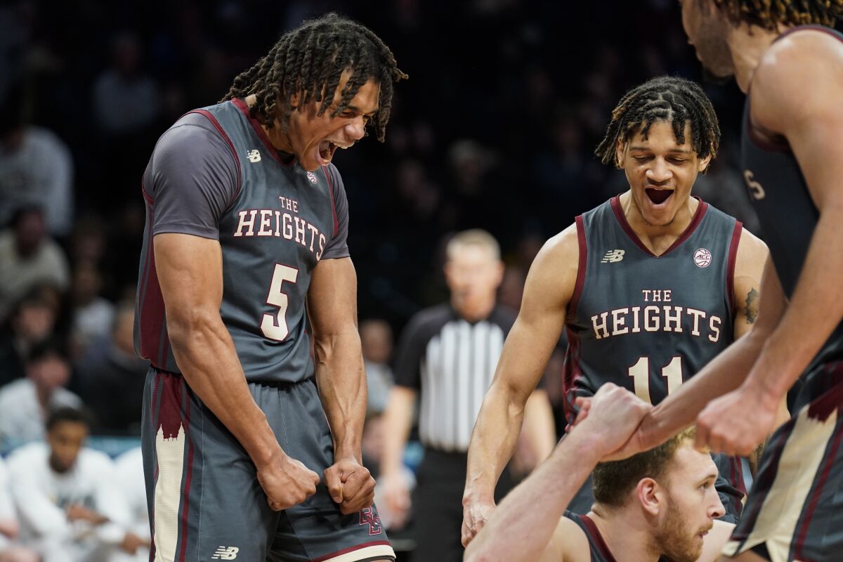 Boston College's DeMarr Langford Jr. (5) reacts to a referee call in the second half of an NCAA college basketball game against Wake Forest during the Atlantic Coast Conference men's tournament, Wednesday, March 9, 2022, in New York. (AP Photo/John Minchillo)