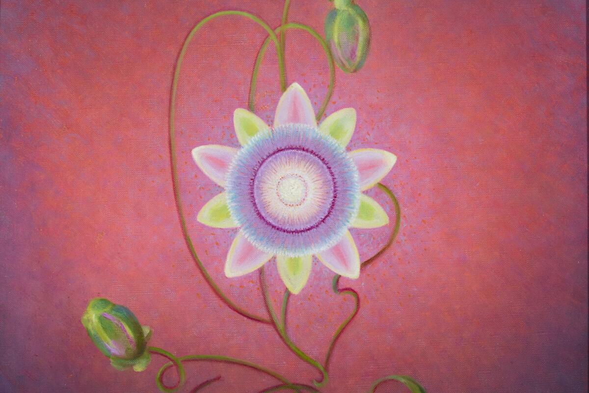 A painting of a geometric flower with multicolor petals.