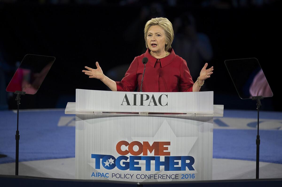 Democratic presidential candidate Hillary Clinton speaks during the AIPAC Policy Conference in Washington on Monday.
