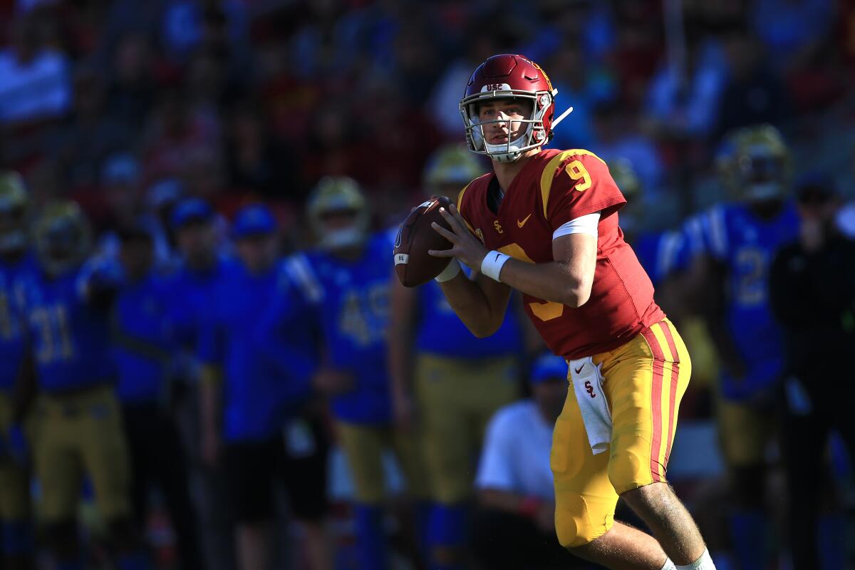 USC quarterback Kedon Slovis passes during a win over UCLA on Nov. 23.