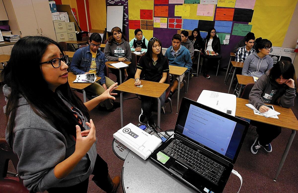 Elsie Carrillo, who graduated from Lynwood’s Firebaugh High in 2010 and attends Cal State Fullerton, answers high school students' questions about campus life.
