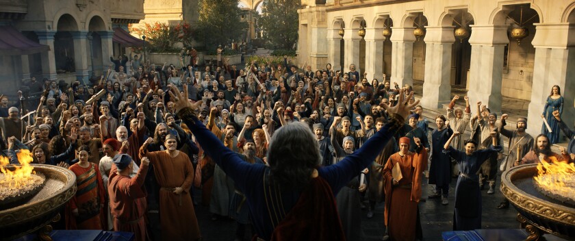 A person with gray hair, seen from behind, stands with arms raised before a cheering crowd