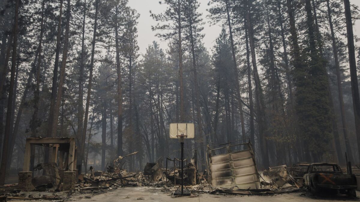 Pacific Gas & Electric Co. this week submitted a letter to regulators noting it found downed tree branches and bullet-riddled equipment in the area of the Camp fire. Above, the debris of a home destroyed by the blaze is pictured in Paradise in November.