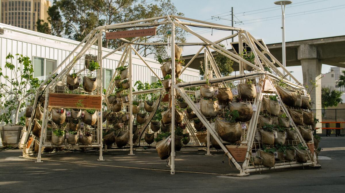 Plants in brown sacks hang in a geometric dome made of PVC pipes.