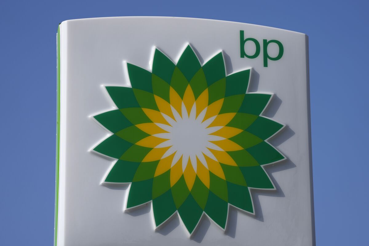 FILE - A BP logo is seen at a petrol station in London, Tuesday, March 8, 2022. BP posted its highest quarterly profit in more than a decade thanks to surging oil and gas prices, in an earnings report that renewed calls for a U.K. government windfall tax to help households struggling with rising energy bills. The British energy giant said Tuesday, May 3, 2022, that underlying replacement cost profit — the industry standard measure — more than doubled in the first three months of the year to $6.2 billion, from $2.6 billion in the same period last year. (AP Photo/Frank Augstein, File)