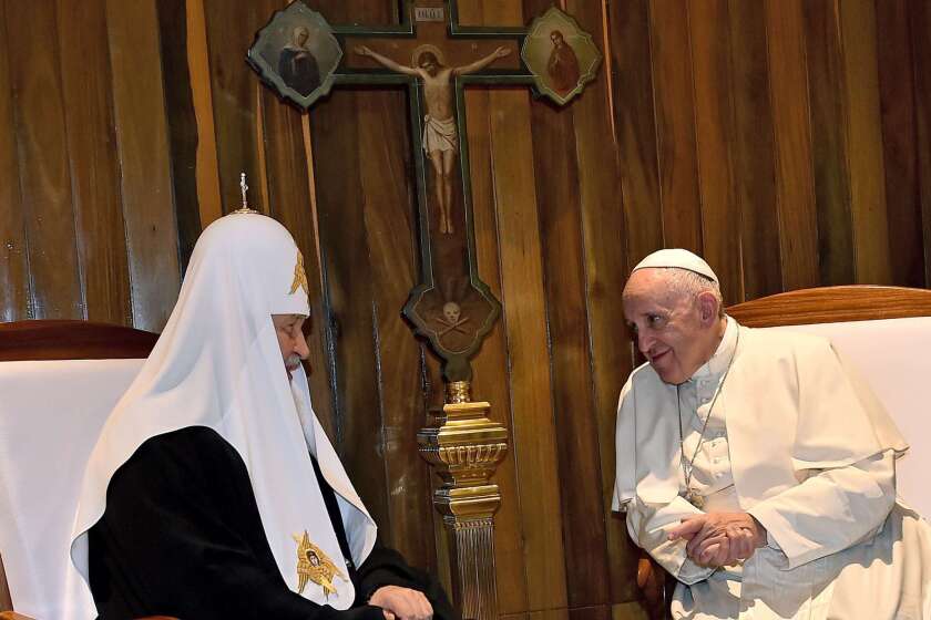 Pope Francis, right, leader of the Roman Catholic Church, meets with Patriarch Kirill, the head of the Russian Orthodox Church, in Havana.