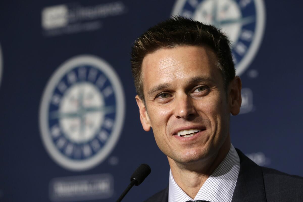 New Seattle Mariners General Manager Jerry Dipoto speaks at a news conference on Sept. 29.