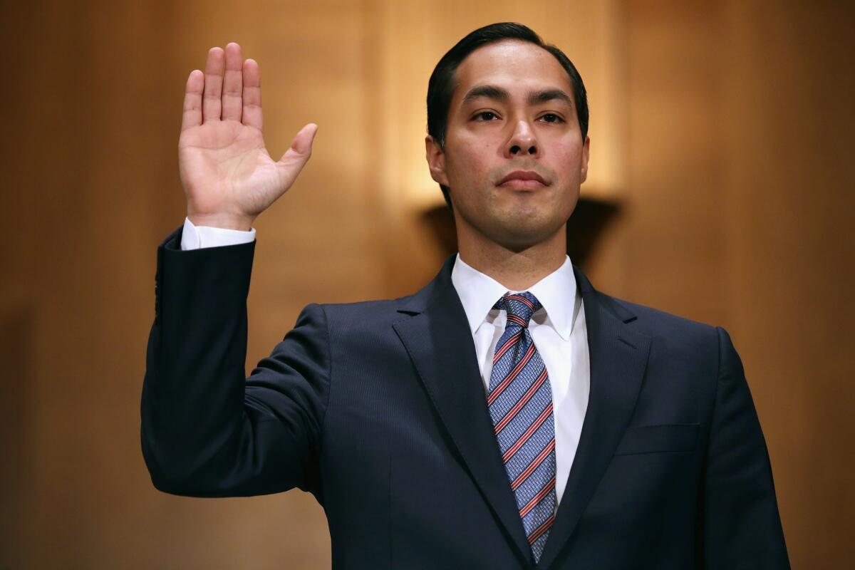 San Antonio Mayor Julian Castro is sworn in during his confirmation hearing before the Senate Banking, Housing and Urban Affairs Committee on June 17.