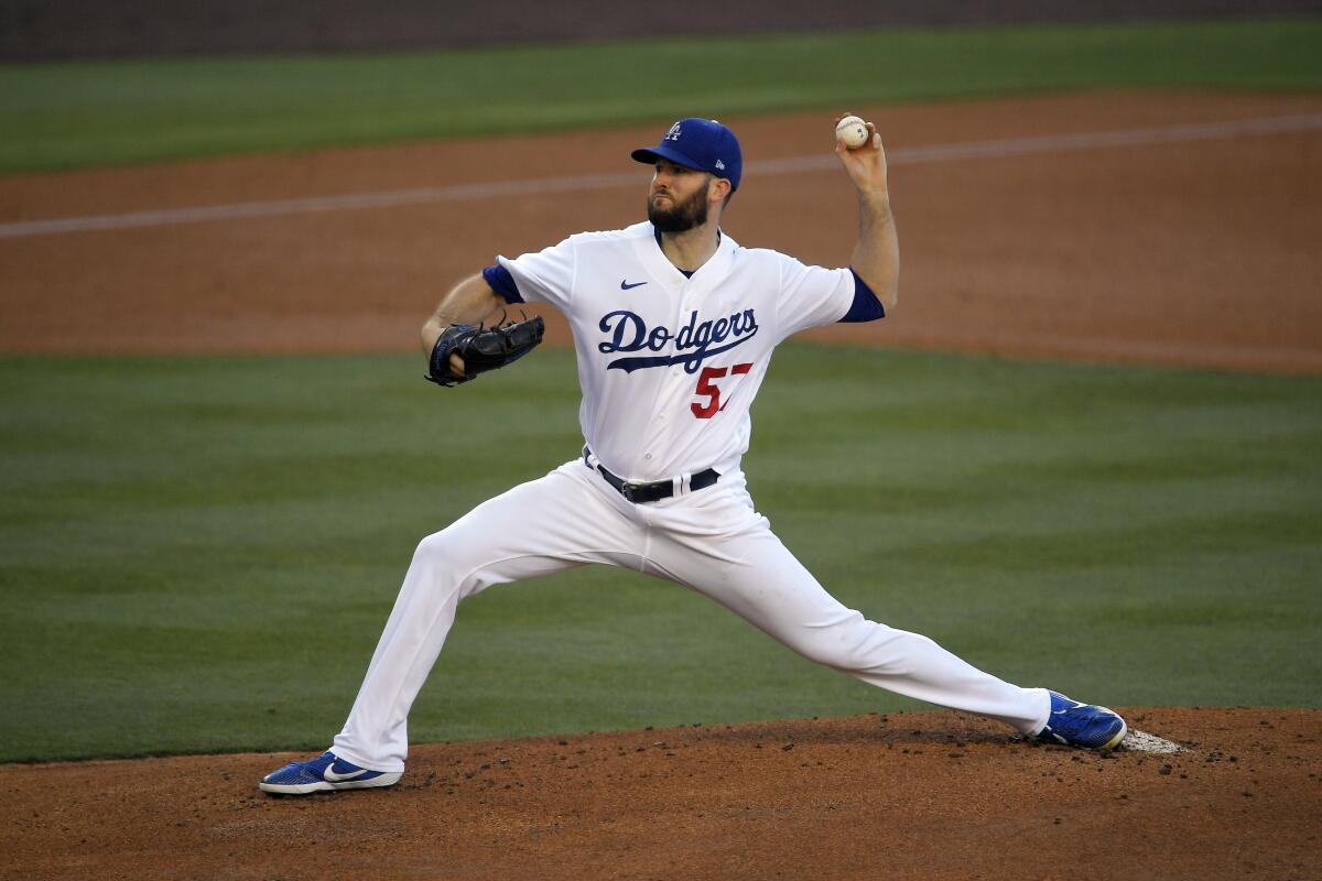 Dodgers starting pitcher Alex Wood throws during an intrasquad baseball game July 15, 2020.