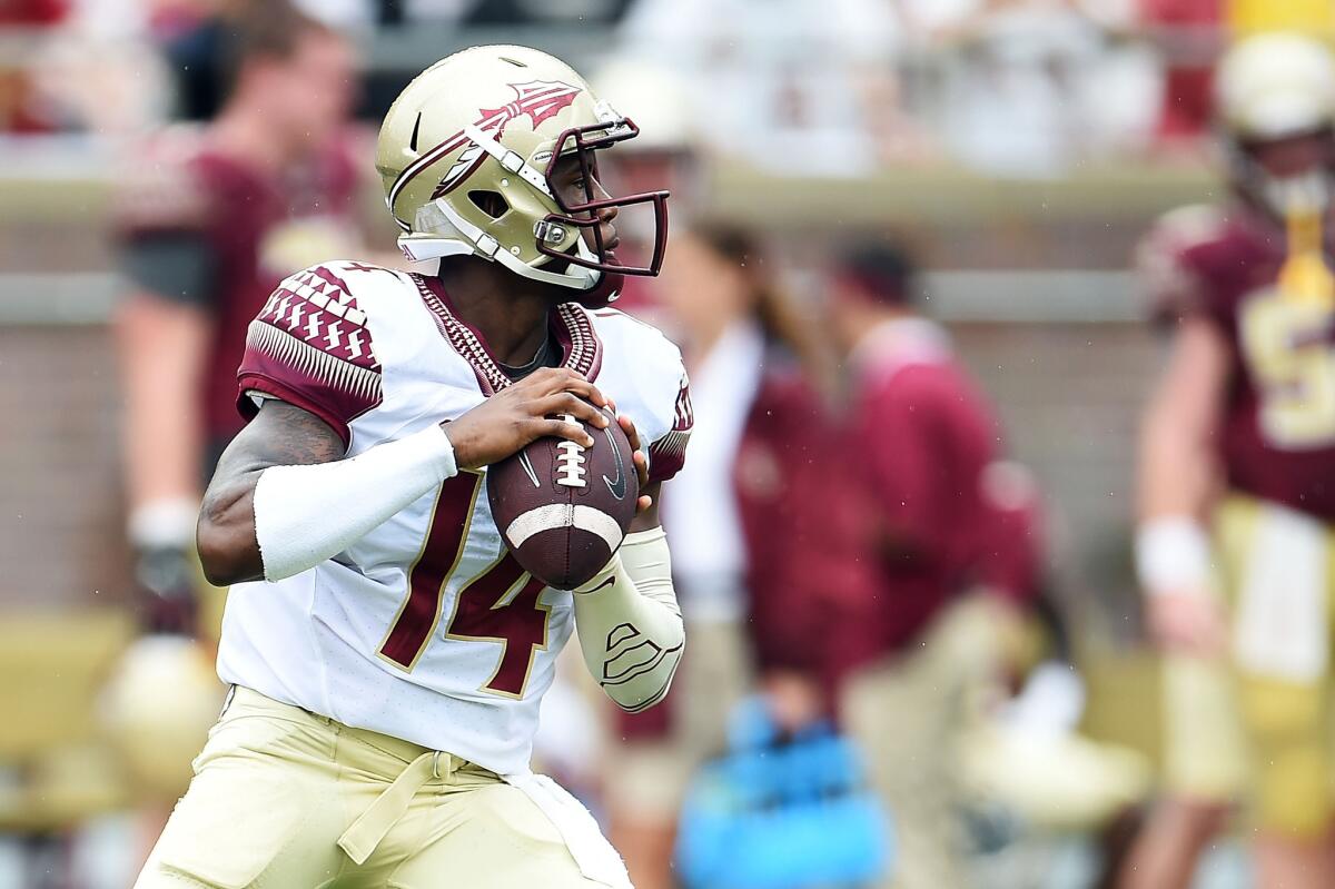 De'Andre Johnson drops back to pass during Florida State's spring game on April 11.