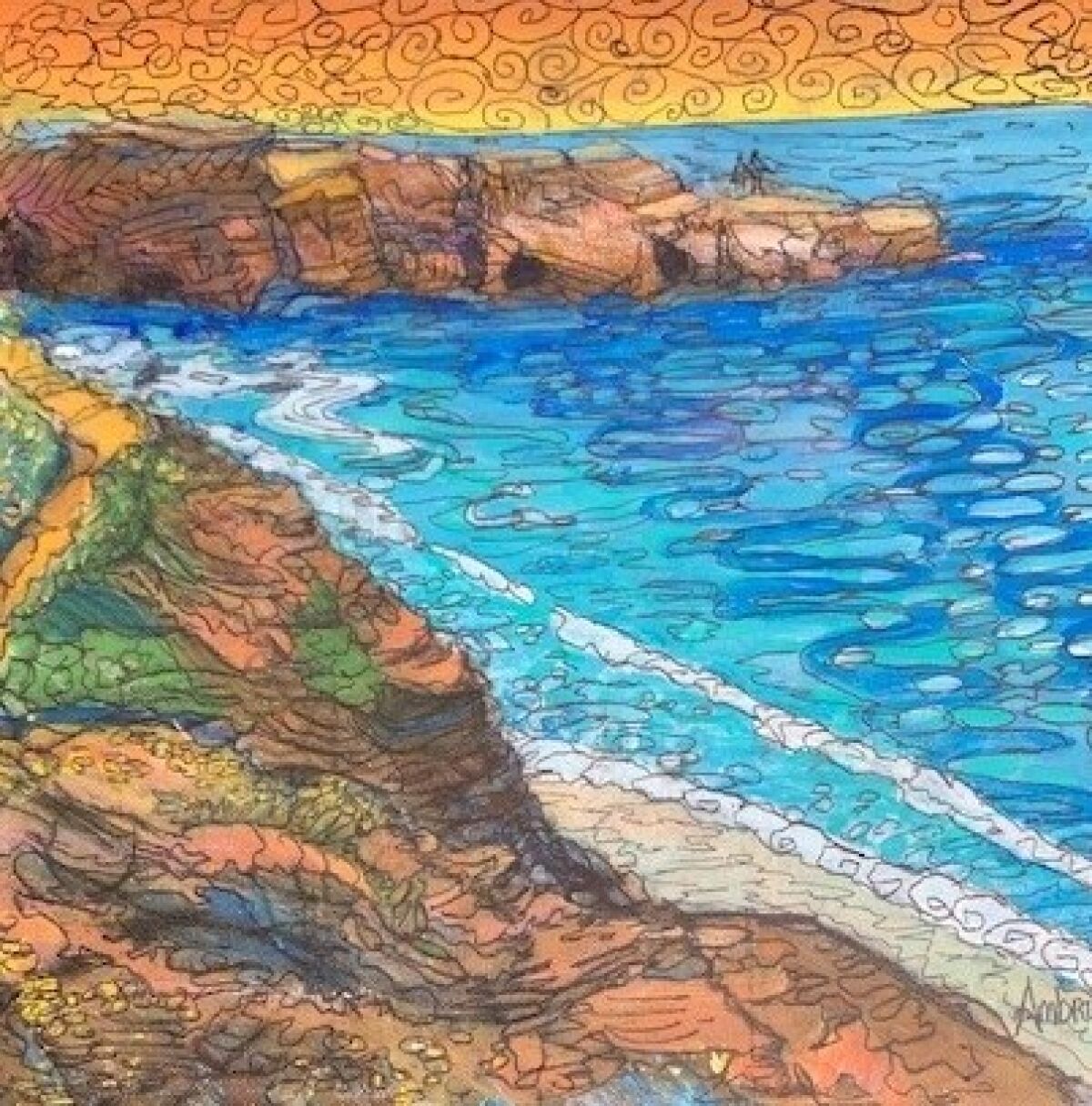 This unfinished Sunset Cliffs scene is a drawing by artist Janis Ambrosiani for a 12-by-12-foot mural.