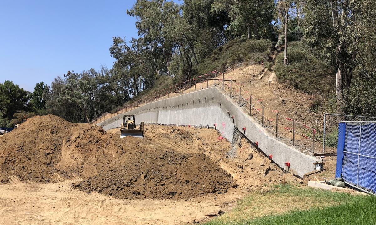 The retaining wall under construction at Solana Santa Fe School.