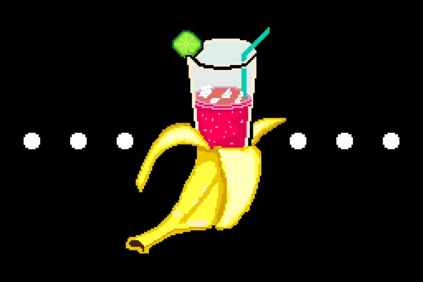 A pixelated illustration of a banana peel opening to reveal a cocktail.