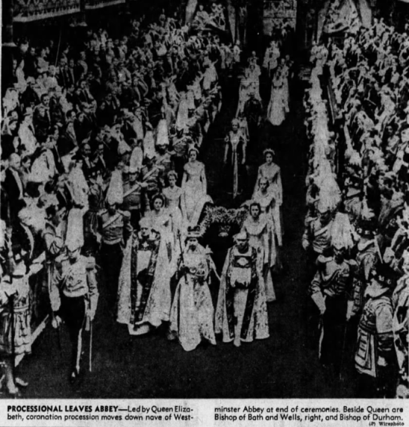 Detail from a newspaper page with a photo of a procession of people in elaborate dress, led by a woman in a crown.