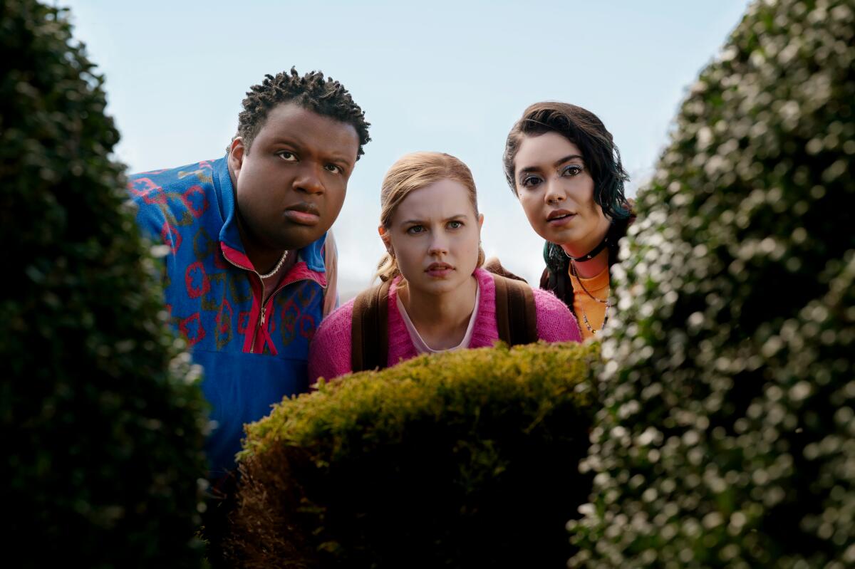 Three teenagers stare over a hedge.