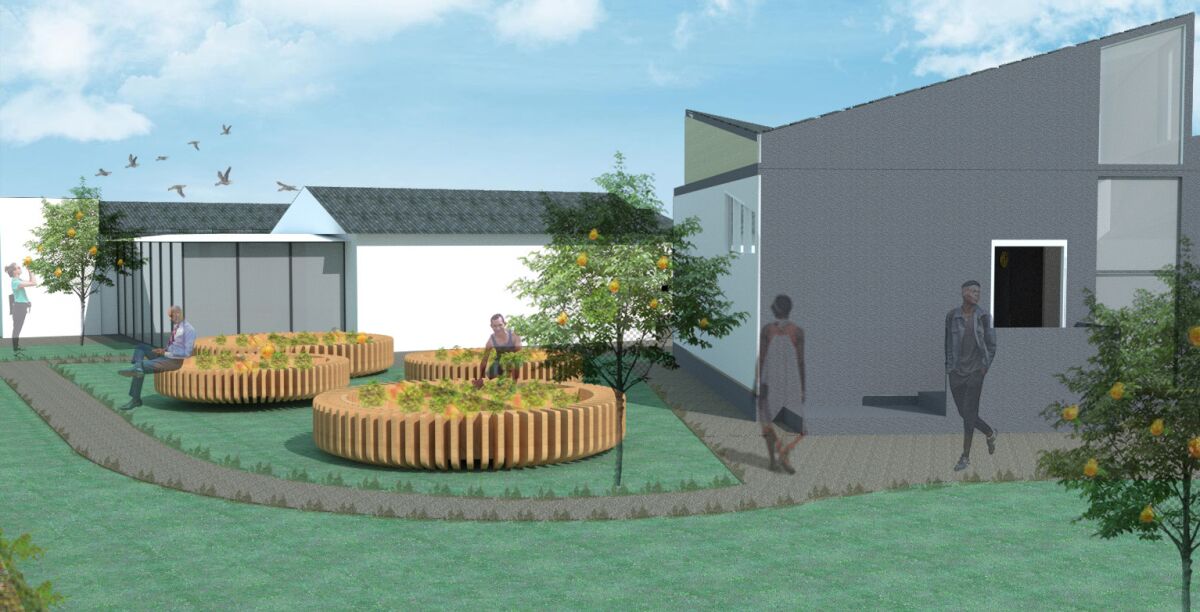 An architectural rendering shows a domestic garden area with large-scale circular planters that also function as benches.