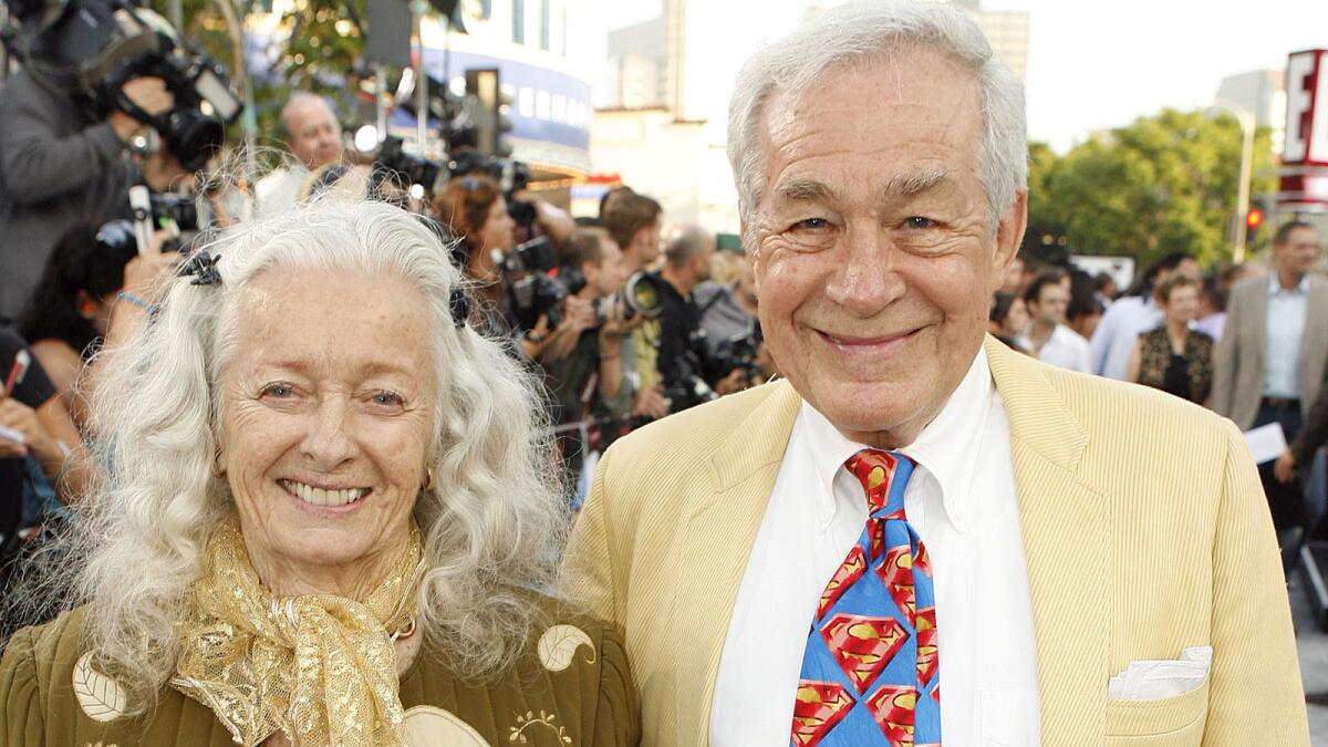 Actors Jack Larson, right, and Noel Neill pose together at the film premiere of "Superman Returns" in the Westwood section of Los Angeles, on Wednesday, June 21, 2006.