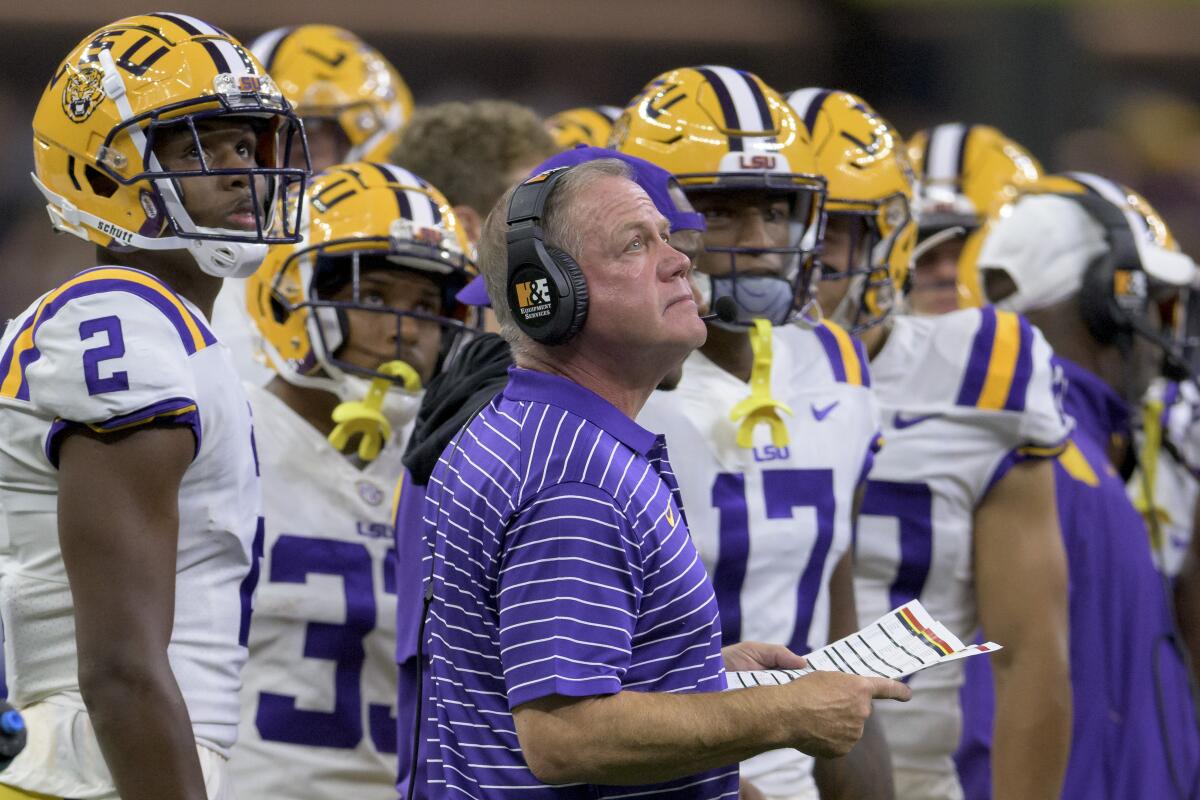 LSU head coach Brian Kelly stands on the sideline during a game against Florida State on Sept. 4.