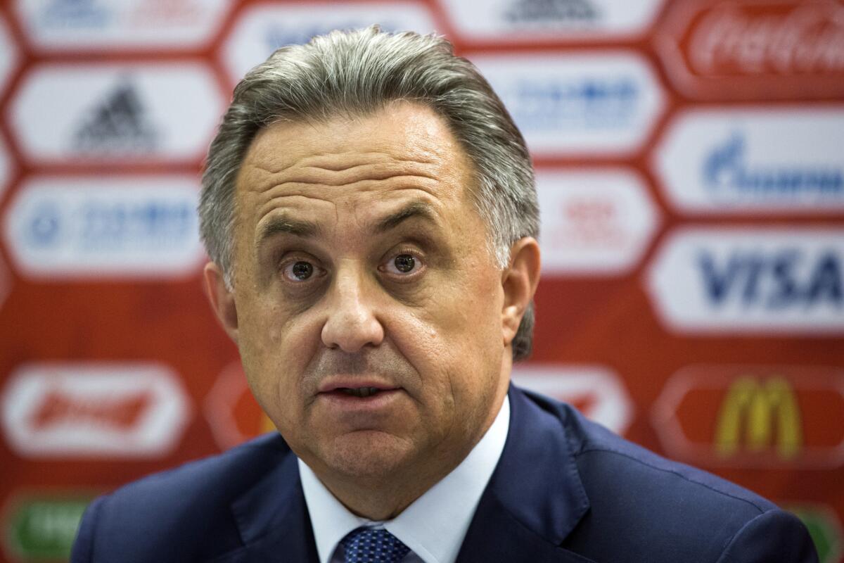 Russian sports minister Vitaly Mutko speaks during a news conference in Moscow on July 5.