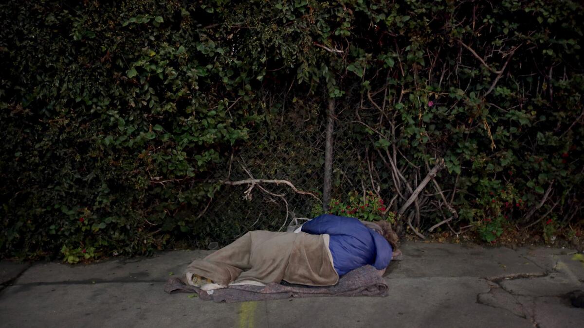 Rachel "Raquel" Phillips sleeps at Highland and Franklin, one of the busiest intersections in Hollywood.