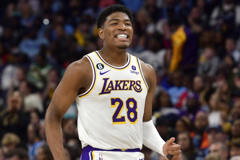 Los Angeles Lakers forward Rui Hachimura (28) reacts during Game 1 of a first-round.