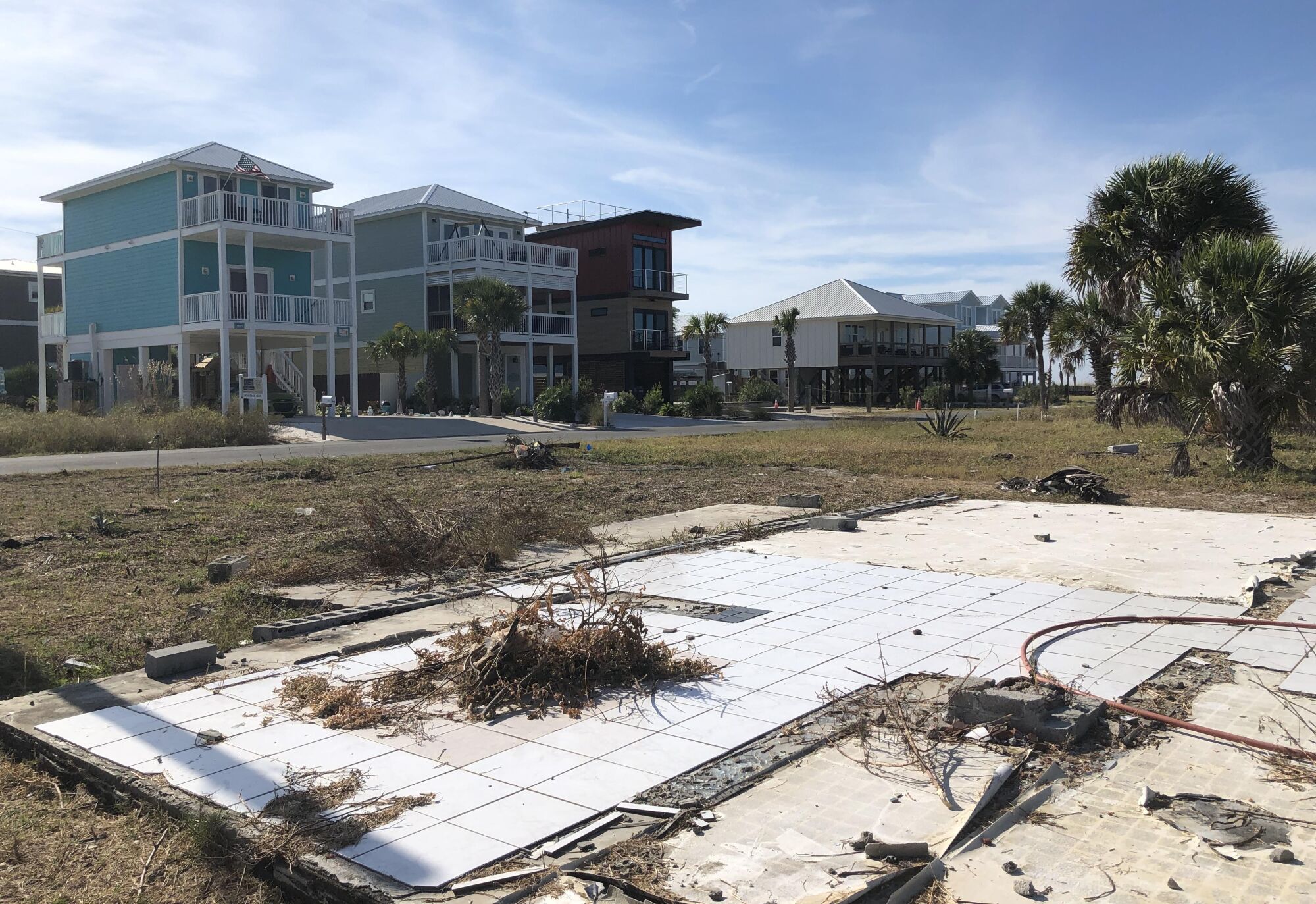 New homes perched on concrete and rebar columns are part of the rebuild of Mexico Beach.