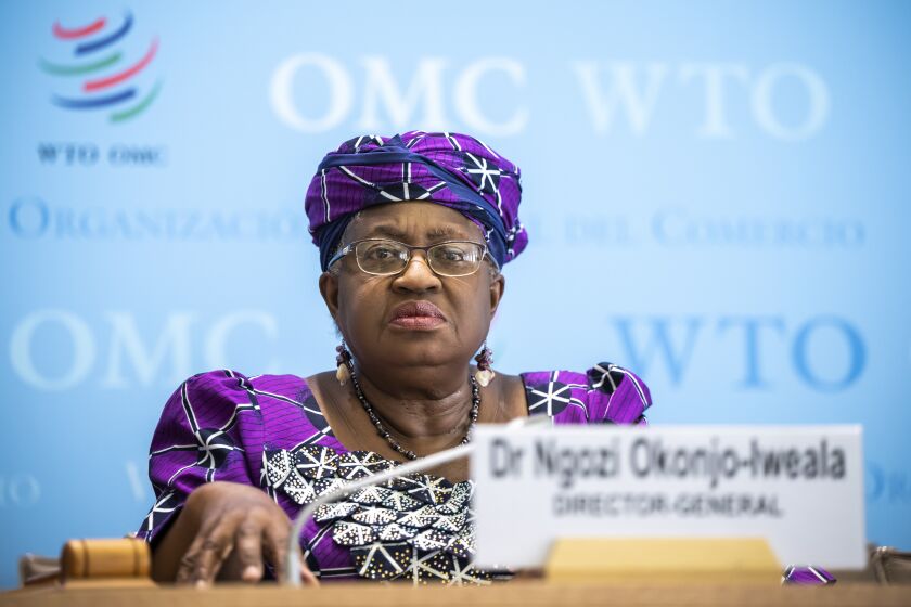 Nigeria's Ngozi Okonjo-Iweala, Director General of the World Trade Organisation, WTO, speaks to the media about WTO revised trade forecast during a press conference, at the headquarters of the World Trade Organization in Geneva, Switzerland, Wednesday, Oct. 5, 2022. (Martial Trezzini/Keystone via AP)