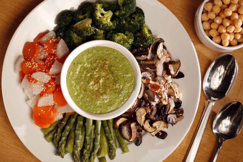 The dipping sauce makes it. Recipe: Vegan vegetable and sesame feast