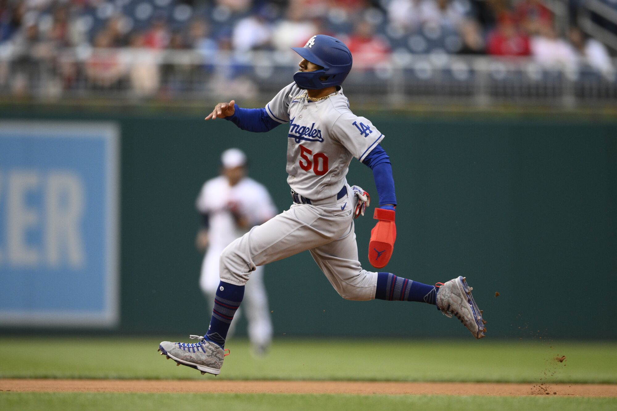 Mookie Betts has homered twice in the Dodgers game Tuesday against the Nationals. (AP Photo/Nick Wass)
