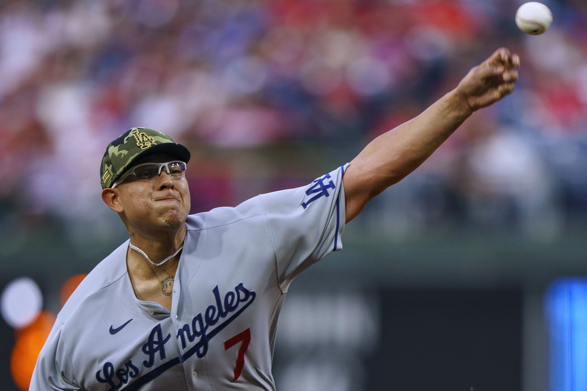 Dodgers starting pitcher Julio Urías delivers during the first inning against the Philadelphia Phillies on Friday.