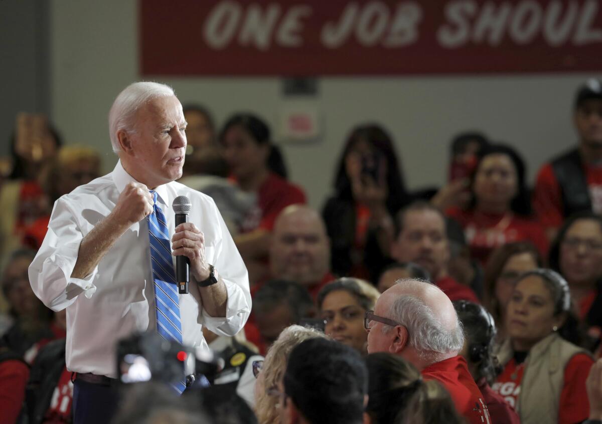 Joe Biden addresses a town hall meeting at the Culinary Workers Union Local 226 in Las Vegas.