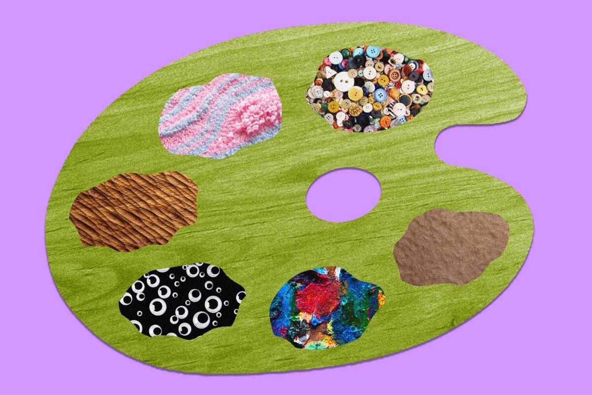 Illustration of a palette with swatches of textures and crafting objects as the paint