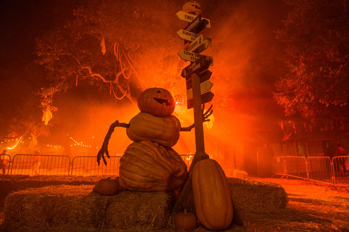 A pumpkin snowman with spindly arms stands beside a street sign and in front of spooky fog.