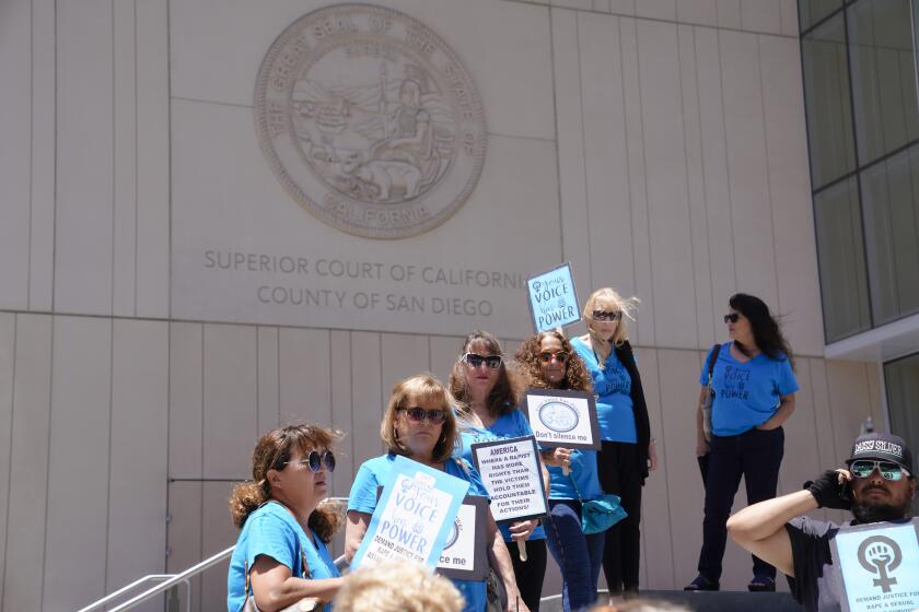 Several from the group Your Voice has Power, stood outside San Diego Superior Court in protest Monday before Judge Gill handed down his decision to conditionally release sexually violent predator Alvin Quarles, 56, from a state hospital.